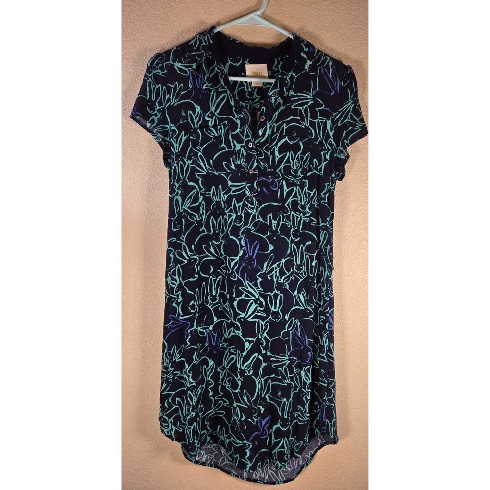 Anthropologie Maeve Rabbit Print Blue/Teal Shirt Dress, Size 0